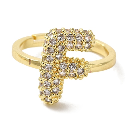 Rack Plating Letter Brass Micro Pave Clear Cubic Zirconia Adjustable Rings for Women KK-S391-03G-F-1