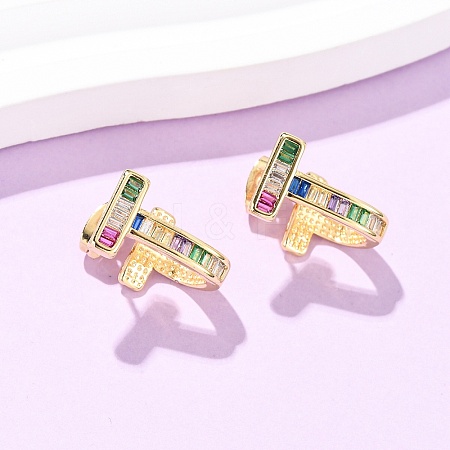 Brass Micro Pave Cubic Zirconia T-Shaped Stud Earrings EJEW-B153-07G-1