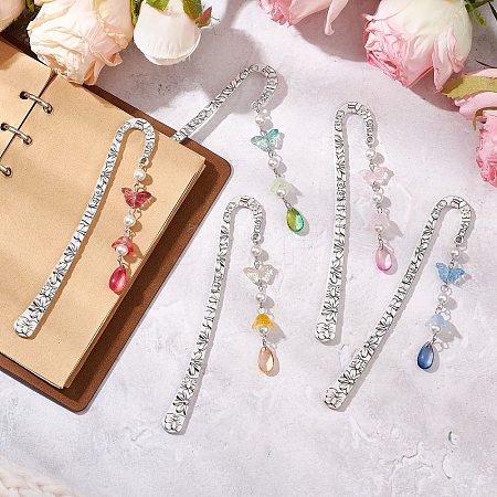 5Pcs 5 Colors Glass & Shell Pearl Pendant Bookmark AJEW-JK00359-1