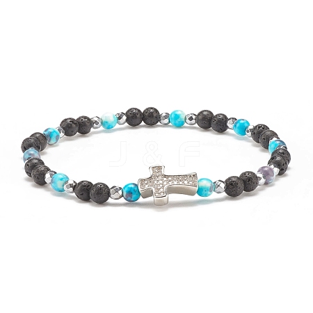 Natural & Synthetic Mixed Gemstone Beaded Stretch Bracelet with Clear Cubic Zirconia Cross for Women BJEW-JB08247-05-1