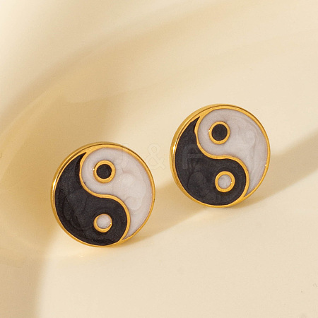 Retro Chinese Style Stainless Steel Flat Round with Yin-yang Stud Earrings MT2482-2-1