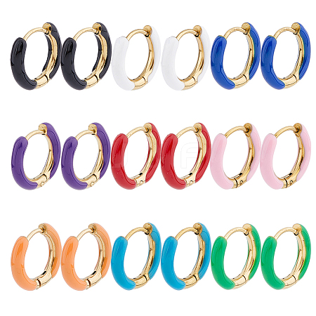 DICOSMETIC 9 Pairs 9 Colors Enamel Huggie Hoop Earrings EJEW-DC0001-30-1