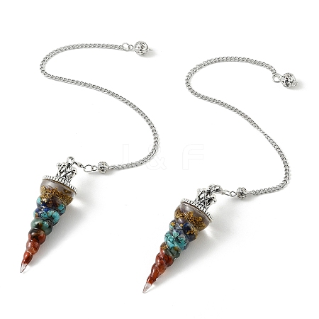 Resin Dowsing Pendulum Pendants with Natural & Synthetic Gemstone Chips inside and Iron Chain & Alloy Caps GG-CBAEAD2-01E-1