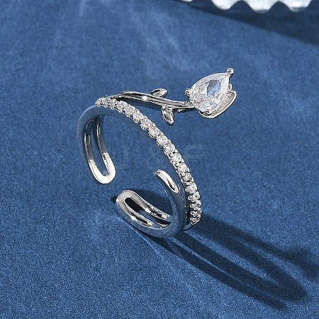 Brass Micro Pave Cubic Zirconia Cuff Open Rings for Women RJEW-L343-05P-02-1