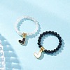 Natural Black Tourmaline & Rainbow Moonstone Beads Finger Rings RJEW-TA00229-1