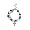 Natural & Synthetic Mixed Stone Beaded Bracelet with Cross Charm BJEW-TA00184-01-1