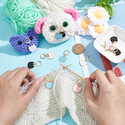 Alloy Enamel Cat Head Pendant Locking Stitch Markers HJEW-AB00080-1