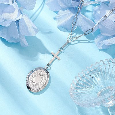 Brass Cross & Oval Locket Pendant Necklaces NJEW-JN04960-1