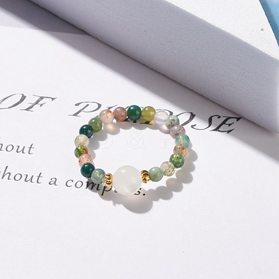 Natural Indian Agate Round Beaded Stretch Ring with Moonstone RJEW-JR00440-05-1