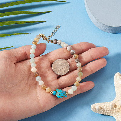 Ocean Dyed Synthetic Turquoise Turtle & Natural Flower Amazonite Round Beaded Anklets AJEW-TA00062-1