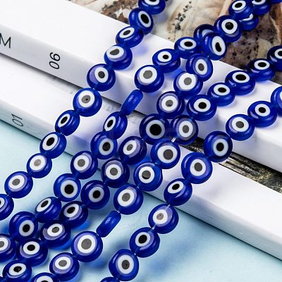 Handmade Evil Eye Lampwork Flat Round Bead Strands LAMP-L058-8mm-04-1