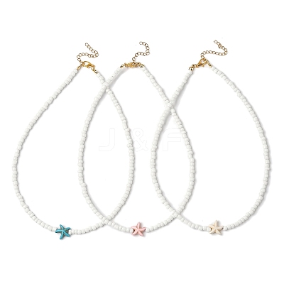 3Pcs 3 Colors Dyed Synthetic Turquoise Starfish & Glass Seed Beaded Necklaces NJEW-JN05330-1