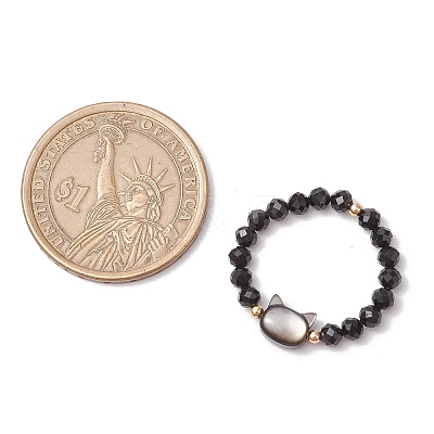 Natural Rainbow Moonstone and Natural Black Tourmaline Beaded Rings RJEW-TA00196-1