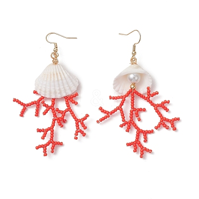 Shell Shape Glass Seed Beaded & Clam Shell Dangle Earrings EJEW-MZ00661-01-1