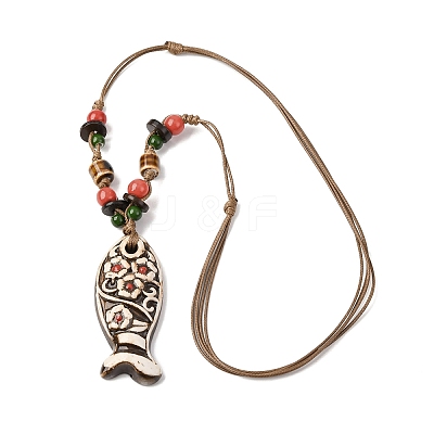 Ceramic Fish Pendant Adjustable Waxed Cord Necklaces for Women NJEW-B146-04-1