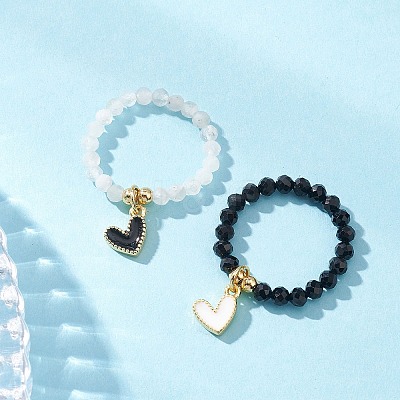 Natural Black Tourmaline & Rainbow Moonstone Beads Finger Rings RJEW-TA00229-1