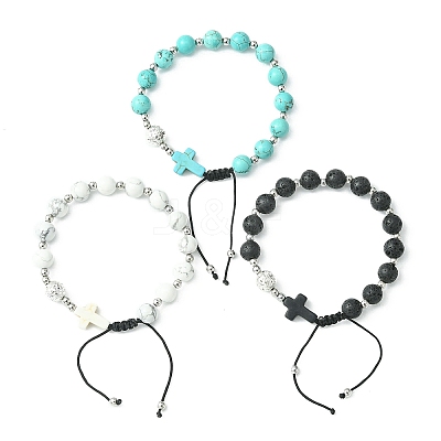 3Pcs 3 Style Gemstone Round & Cross Braided Bead Bracelets BJEW-TA00321-1