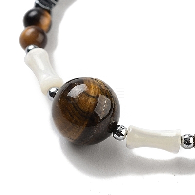 Natural Tiger Eye Round & Synthetic Non-magnetic Hematite & White Shell Beaded Bracelets for Women BJEW-K251-02G-1