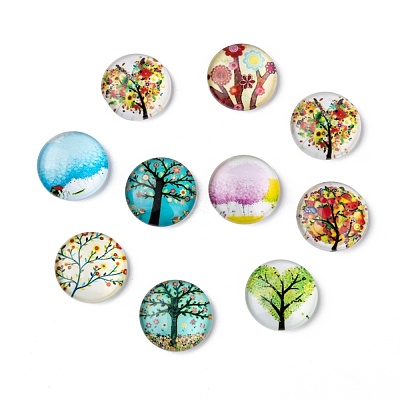 Tree of Life Printed Half Round/Dome Glass Cabochons GGLA-A002-16mm-GG-1