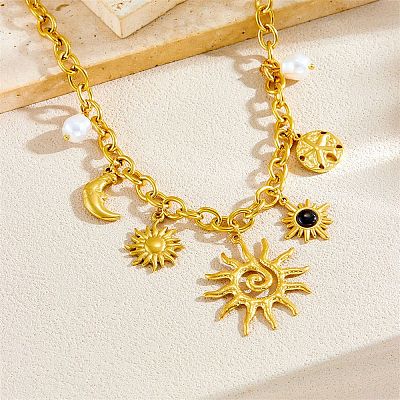 304 Stainless Steel Resin & Plastic Pearl Sun Pendant Bib Necklaces NJEW-H073-01G-1