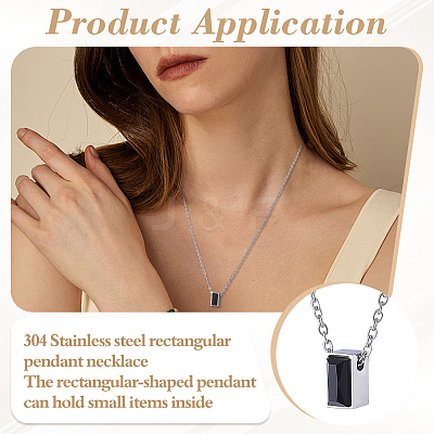 304 Stainless Steel with Black Glass Rectangle Pendant Urn Ashes Necklaces for Women Men NJEW-WH0013-83P-02-1