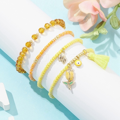 4Pcs 4 Style Evil Eye Valentine's Theme Alloy Enamel & Polycotton(Polyester Cotton) Tassel Charm Bracelets Set BJEW-JB09618-04-1