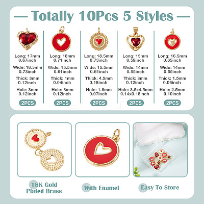 10Pcs 5 Styles Heart Theme Brass Enamel Pendants KK-TA0008-88-1
