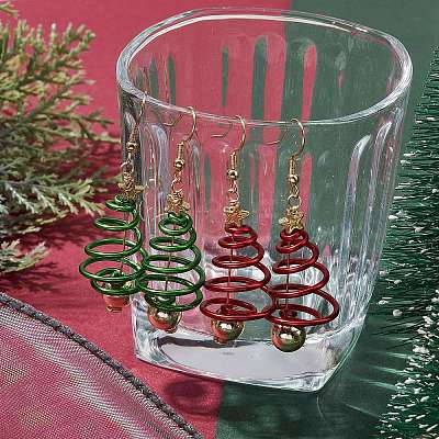 2 Pairs 2 Colors Christma Tree Electroplated Synthetic Non-magnetic Hematite & Aluminum Wire Dangle Earrings EJEW-JE05908-1