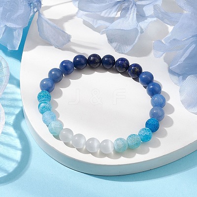 8mm Round Cat Eye & Natural Lapis Lazuli & Blue Aventurine & Dyed Crackle Agate Beaded Stretch Bracelets BJEW-TA00514-02-1