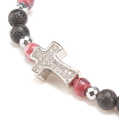 Natural & Synthetic Mixed Gemstone Beaded Stretch Bracelet with Clear Cubic Zirconia Cross for Women BJEW-JB08247-01-1
