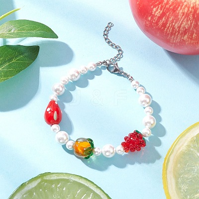 Handmade Lampwork Fruits & Shell Pearl Beaded Bracelets for Women BJEW-TA00650-1