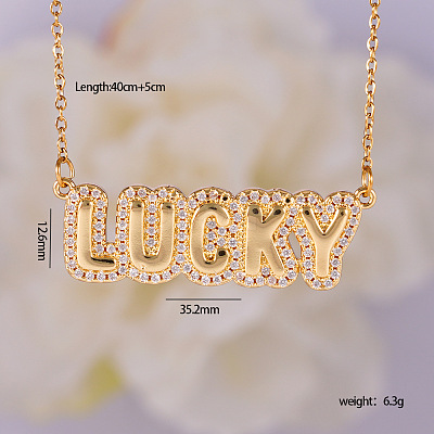 Brass Micro Pave Clear Cubic Zirconia Bubble Word LUCKY Pendant Necklaces FS-WGCB7F4-01-1