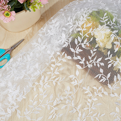 Polyester Leaf Lace Embroidery Fabrics DIY-WH20081-073B-1