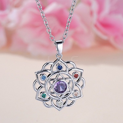 Chakra Lotus Flower Brass Pave Colorful Cubic Zirconia Pendant Necklaces for Women FS-WG17A97-01-1
