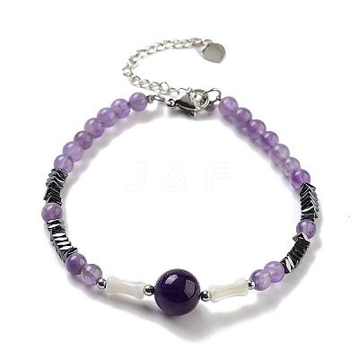 Natural Amethyst Round & Synthetic Non-magnetic Hematite & White Shell Beaded Bracelets for Women BJEW-K251-02F-1