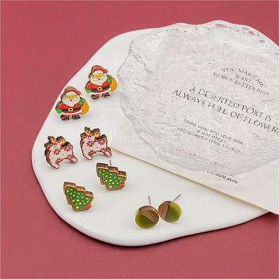 4 Pairs Santa Claus & Deer & Christmas Tree Printed Wood Stud Earrings EJEW-OY001-05-1