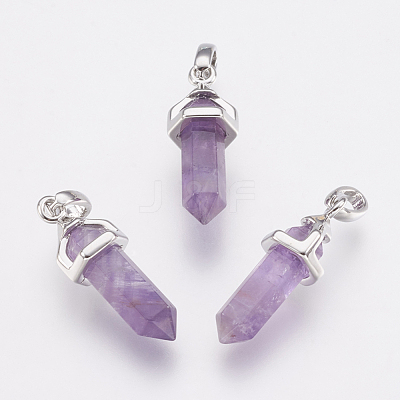 Brass Natural Amethyst Double Terminated Pointed Pendants KK-G343-11L-06P-1