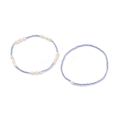 2Pcs 2 Style Natural Pearl & Glass Seed Beaded Stretch Bracelets Set BJEW-JB09032-1
