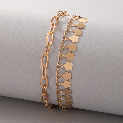 Alloy Paperclip Chain Flower Tassel Double Layer Anklets for Women FS-WGB7378-01-1