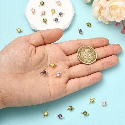 20Pcs 4 Colors Brass Pave Cubic Zirconia Flat Round Connector Charms KK-YW0004-68-1