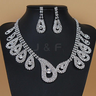 Teardrop Brass Rhinestone Pendant Necklaces & Stud Dangle Earrings Sets for Women WGD620E-02-1