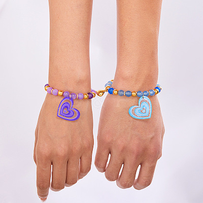 Glass Resin Magnetic Heart Friendship Stretch Bead Bracelet Sets for Women WG24CEB-01-1