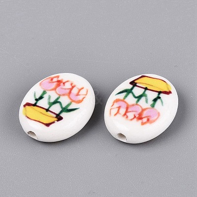 Hand Painted Tulip Flower Oval Porcelain Beads PORC-N012-11C-1
