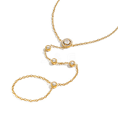 304 Stainless Steel Pave Flat Round Clear Cubic Zirconia Hand Chain Ring Bracelets for Women KK9979-1