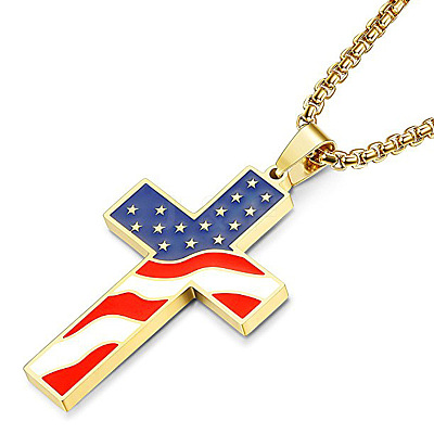 Independence Day Alloy Enamel American Flag Cross Pendant Necklaces for Men FS-WG51290-01-1