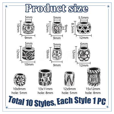 10Pcs 10 Styles 304 Stainless Steel European Beads STAS-PH0006-73-1