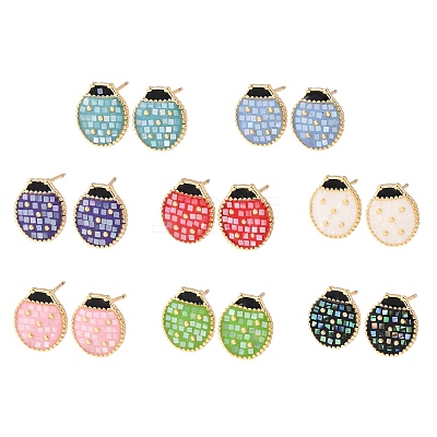 Brass Enamel Ladybird Stud Earrings EJEW-I322-11G-1