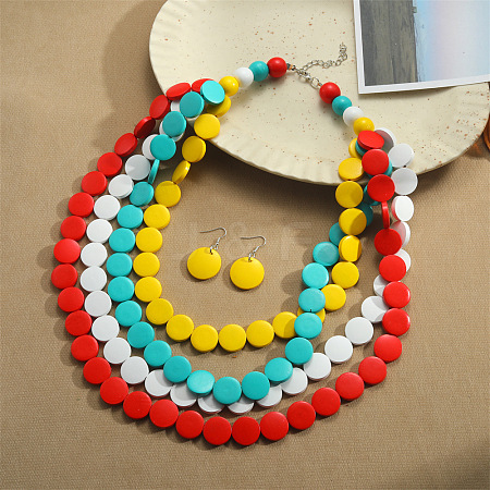 Flat Round Wood Beaded Multilayer Necklaces & Dangle Earrings Sets WG6D4EB-03-1