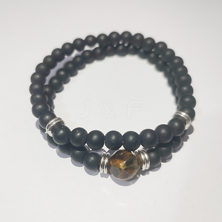 2Pcs Natural Obsidian & Tiger Eye Beads Stretch Bracelet Set with Stainless Steel Beads AM3133-1