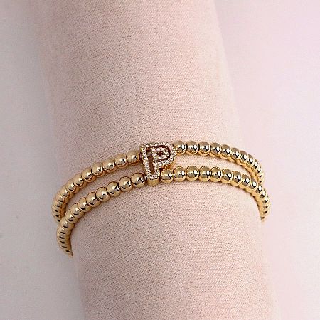 Brass Micro Pave Clear Cubic Zirconia Beads Double Strands Stretch Bracelets for Women FS-WGC7159-16-1